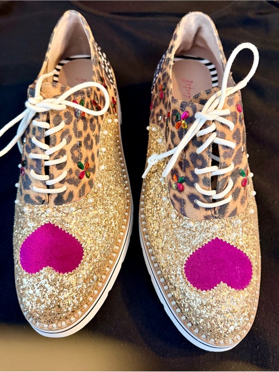 Betsey Johnson Shoes - Betsey Johnson Gold Glitter Leopard Platform Sneaker with Multicolor Gem Flowers